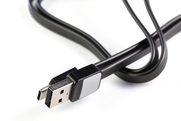 USB type c Data & Power Cable isolated on White Background. Close up