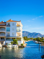 Summer panorama of Empuriabrava with yachts, boats and waterways in Costa Brava, Catalonia, Spain