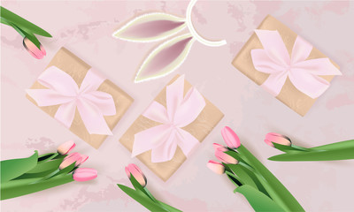 Banner with gift box, bunny ears, pink tulips on abstract background, spring
