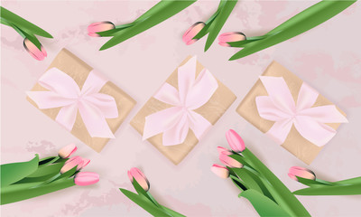 Banner with gift box, pink tulips on abstract background. Spring, Greeting card, spring