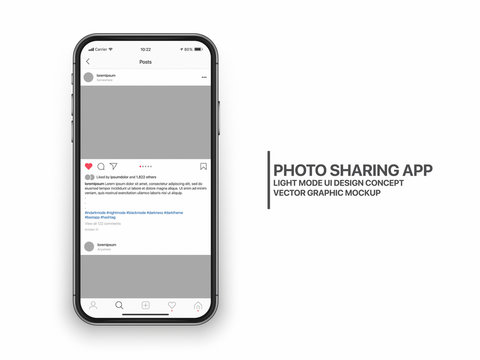 Instagram Photo Sharing Mobile App UI And UX Concept Vector Mockup In Light Mode On Frameless Smart Phone IPhone Screen Isolated On White Background. Social Network Account Bright Design Template