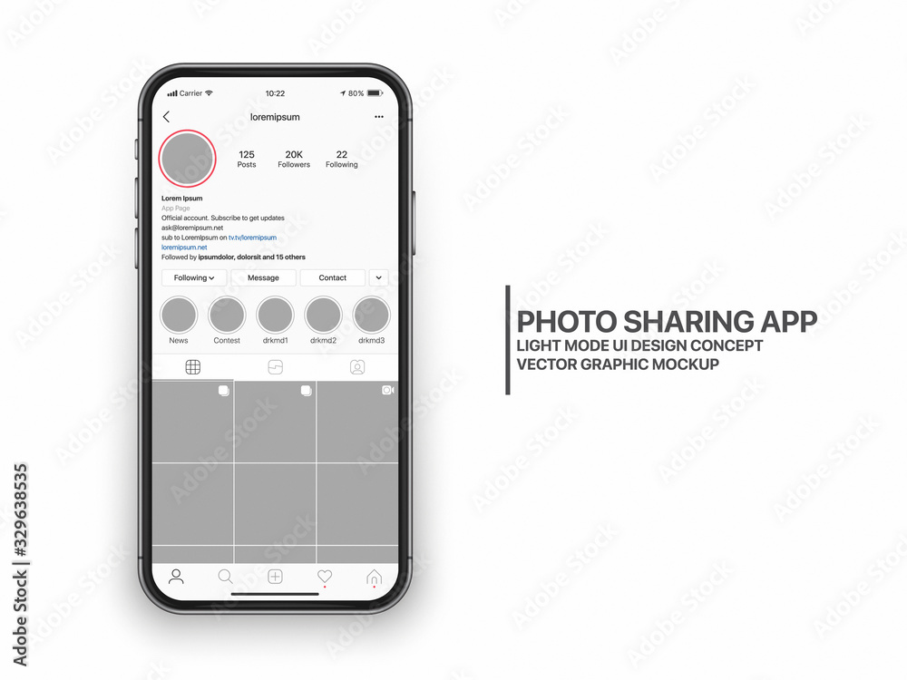 Wall mural instagram photo sharing mobile app ui and ux concept vector mockup in light mode on frameless smart 
