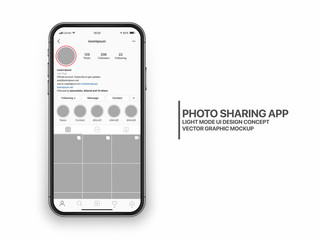 Instagram Photo Sharing Mobile App UI and UX Concept Vector Mockup in Light Mode on Frameless Smart Phone iPhone Screen Isolated on White Background. Social Network Account Bright Design Template - 329638535