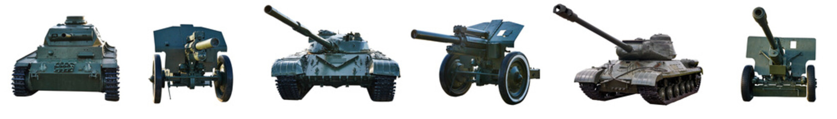 Collage of old military equipment tanks and artillery guns on an isolated white background