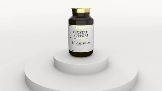Bottle with generic prostate support capsules and fictional logo. Healthy lifestyle supplements or pharmaceutical industry related 3D animation