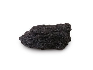 Lignite coal on white background. Lignite is a soft, brown, combustible, sedimentary rock formed from naturally compressed peat. There is noise and grain caused by the texture of the coal.