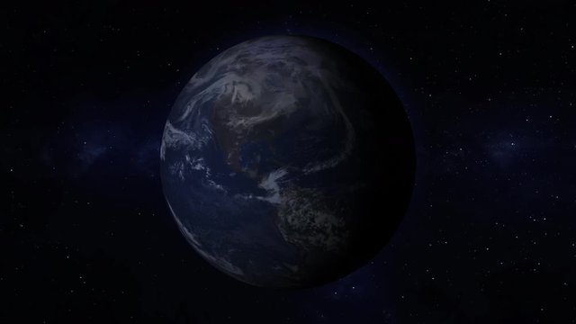 A simulated Earth continental power outage as seen from space. North and South America version. Power goes out, then turns back on.  	