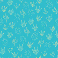 Vector blue monochrome tropical leaves seamless pattern background