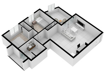 Living space with using colors and textures. Floor plan top view. 3d.