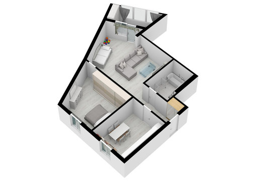 Render floor plan. Living space with using colors and textures. Floor plan top view. 3d.
