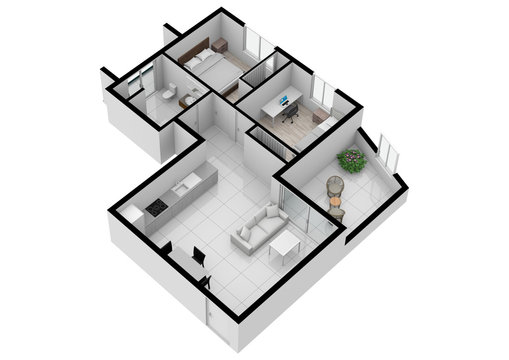 Living space with using colors and textures. Floor plan top view. 3d.