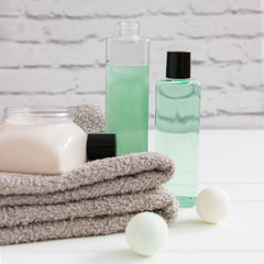 Relax concept two gels cream cotton towels square front view.