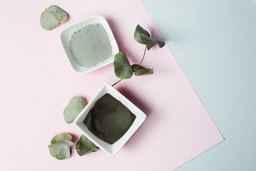 Various ingredients for home skin care. Gray, black and blue clay, eucalyptus leaves on a pastel background. Moisturizing and cleansing the skin with balm and cream. Beautiful tinting in one tint