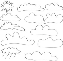 Doodle clouds with a black outline, a template for children's coloring. One line drawing for landscape designers or magazines.