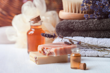 Fototapeta na wymiar Concept of spa treatment and body care at home. Handmade bars of soap with natural organic ingredients: rose, honey. Detox, relax, anti-stress procedure. Atmosphere of serenity and pleasure