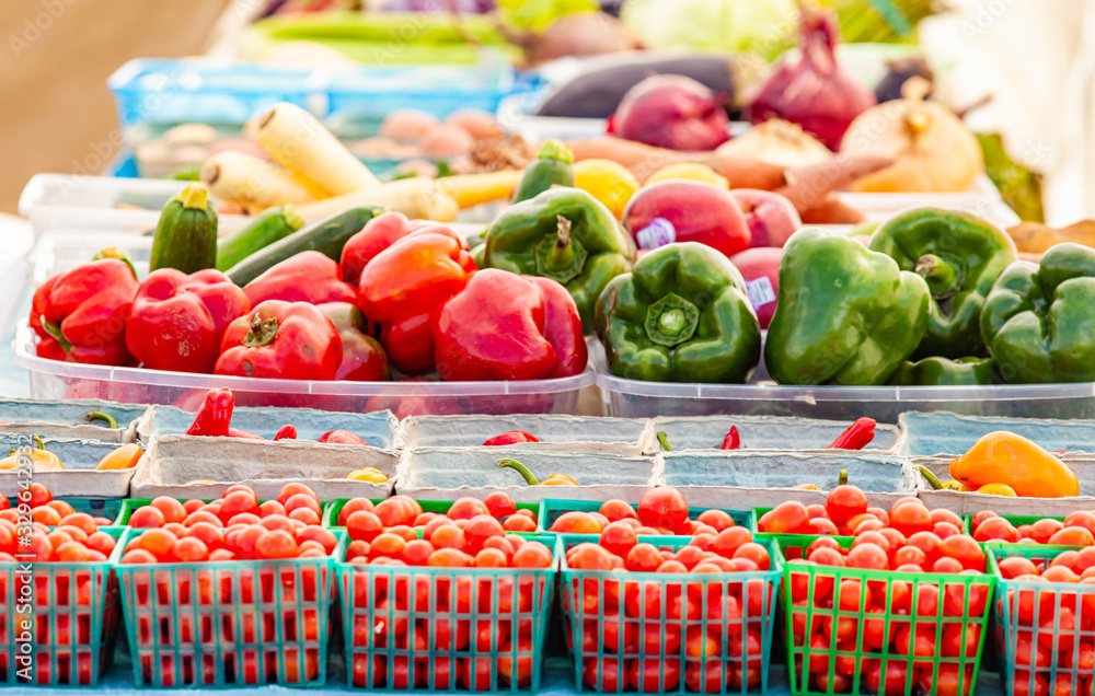 Wall mural rows of fresh produce including tomatoes and peppers are on display at a local farmers market