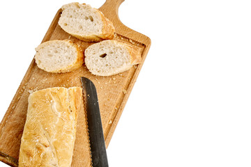 French lunch, breakfast baguette, Fresh natural French baguette, natural wooden cutting board, morning pastries from the bakery, delicate baguette, golden crust