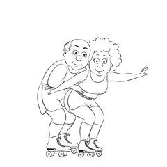 Vector illustration happy old man and woman roller skates . Active family holidays.Linear silhouette on a white background.