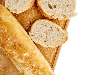 French lunch, breakfast baguette, Fresh natural French baguette, natural wooden cutting board,...