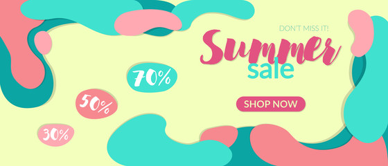 Vector banner for summer sale. Abstract flowing shapes, summer vibrant colors. Art paper style. Text with discounts, button to go to the page.