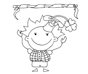 Coloring book for kids - cute leprechaun cartoon character. St Patricks day. 17 March. Black and white cute cartoon hand drawing kids. Vector illustration.	