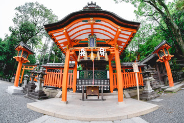 Secondary Hondo with altar, bell and lamps, at Fushimi Inari taisha shrine, Kyoto