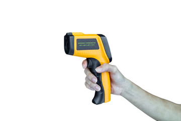 infrared laser thermometer in hand isolated on white with path.selective focus