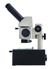Closeup of a large bicular modern microscope