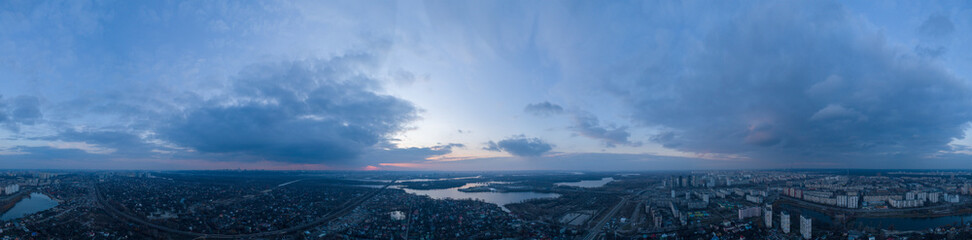 A huge panorama from the air in the Voskresenka area towards the Dnieper River and the right bank of the Dnieper, Kiev, Ukraine.