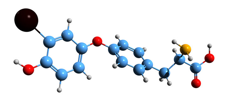 3D image of 3-Monoiodothyronine skeletal formula - molecular chemical structure of monoiodinated thyronine isolated on white background