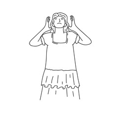 Health And Pain. Stressed Exhausted Young Woman Having Strong Tension Headache. Hand drawn style vector design illustrations.