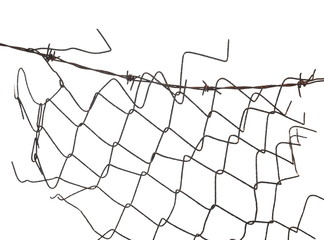 Old metal wire fence protection isolated on white background and texture, clipping path