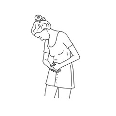 A woman feels abdominal pain. hand drawn style vector design illustrations.