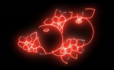 2d neon animation on alfa channel of apples with flowers. Glowing lights forming shape of fruits and transforming into still life image. Nature, agriculture, organic food.