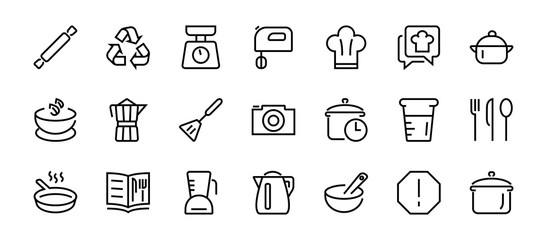 Set of icons for cooking and kitchen, vector lines, contains icons such as a knife, saucepan, boiling time, mixer, scales, recipe book. Editable stroke, perfect 480x480 pixels, white background