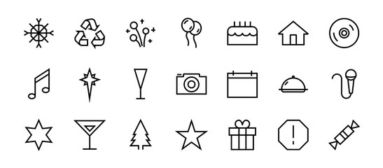 Simple set of celebration icons related to vector line. Contains icons such as music, new year, stars, balls, cake, karaoke, dj and much more. Editable stroke. 480x480