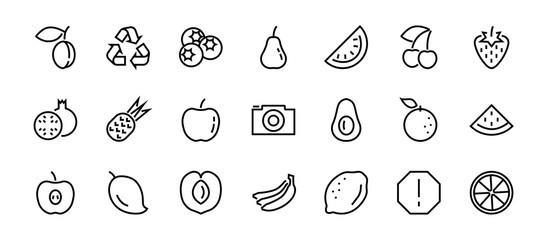 Fruit Icon Set, Vector lines, Contains icons such as apple, banana, cherry, lemon, watermelon, Avocado Editable stroke, 48x48 pixels, White background, eps 10