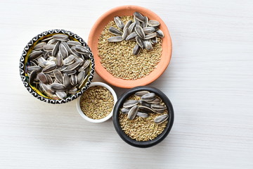 Birdseed and natural sunflower seeds, food for birds, displayed in containers on white wooden background