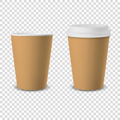 Vector 3d Realistic Brown Disposable Opened and Closed with White Lid Paper, Plastic Coffee Cup for Drinks Icon Set Closeup Isolated on Transparent Background. Design Template, Mockup. Front View