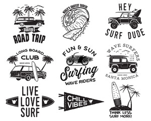 Vintage Surfing Graphics Logos Set for web design or print. Surfer badges templates. Surf emblems. Summer surfboard, palms elements. Outdoors activity - boarding on waves. hipster insignia. - obrazy, fototapety, plakaty