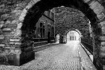 Old cobbled streets. Black and white. Maastricht. The Netherlands.