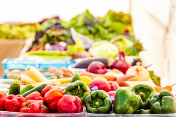 Mounds of fresh produce are stacked on a table at a local farmers market. Produce includes red peppers, green peppers, squash, zucchini, cabbage, lettuce, and carrots