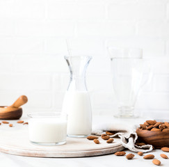 Almond milk.Drink for vegetarians.Dairy free milk substitute beverage.