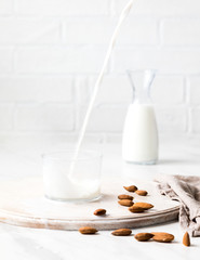 Almond milk.Drink for vegetarians.Dairy free milk substitute beverage.