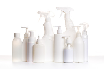 Cleaning product plastic white container for house clean on white table and isolated. household chemicals mock up