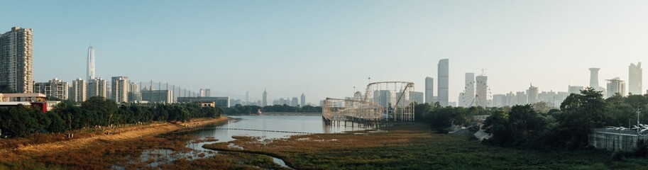  Panorama of a developing city. New city. Construction, houses, tractor, architecture, building