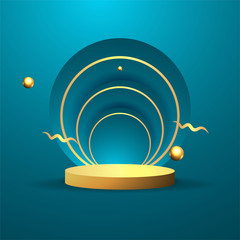 Obraz premium Metallic golden stage with floating geometrical forms, round platform, realistic minimal background, 3d scene in deep ocean blue