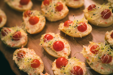 Vegetarian Finger Food with toast, cherry tomatoes and egg salad
