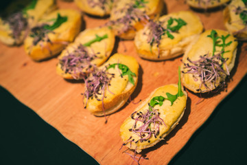 Vegetarian Finger Food with toast, yellow hummus, bean sprouts and rockets
