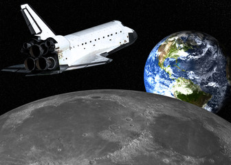 Space shuttle near the moon with earth on the background. Science fiction wallpaper. Elements of this image were durnished by NASA.